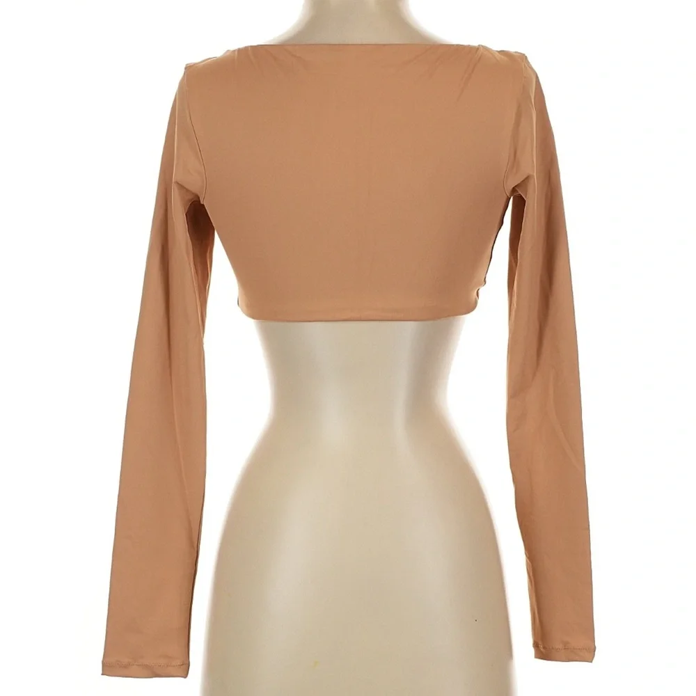 Long-Sleeve Nude Crop Swim Top